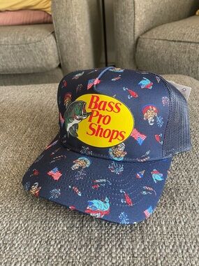 Bass Pro Shops Navy Trucker Hat with Yellow Logo and Multicolor Fish Print